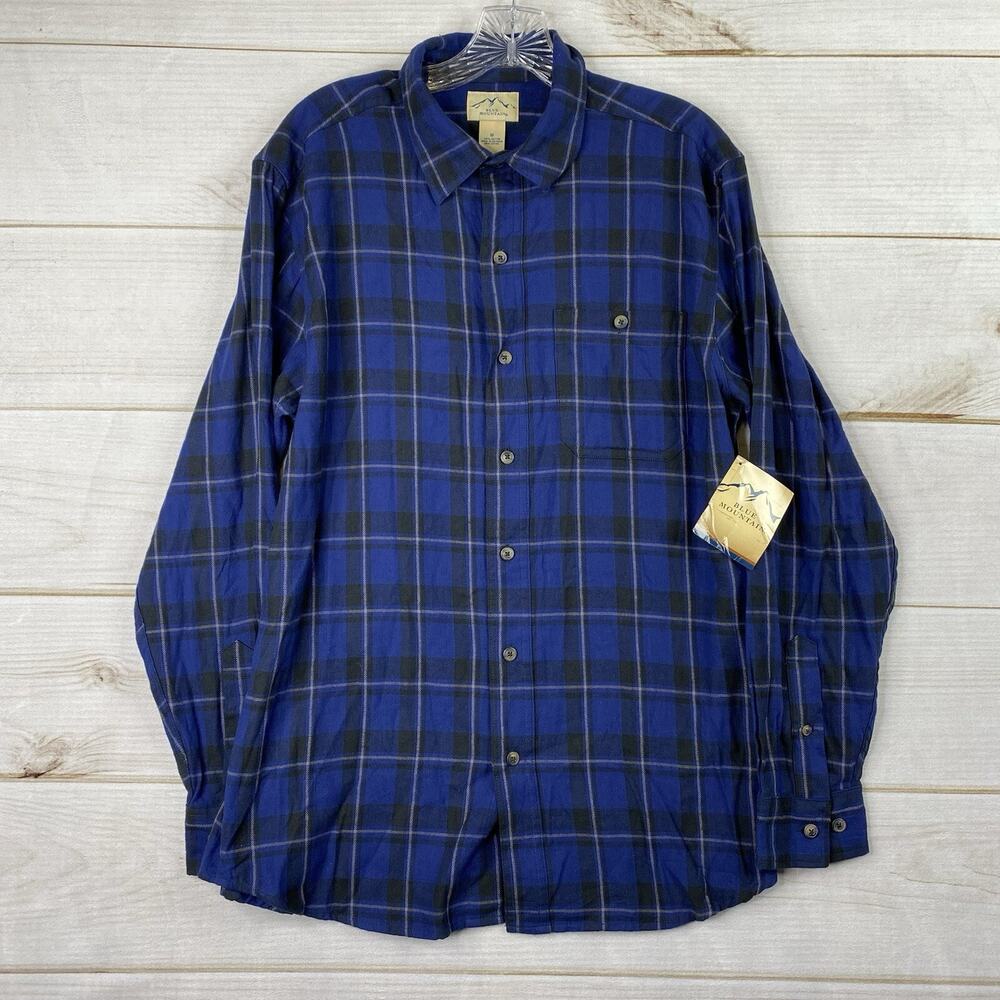 Blue Mountain Flannel Shirt Mens M Blue Plaid Button Up Long Sleeve Lumberjack